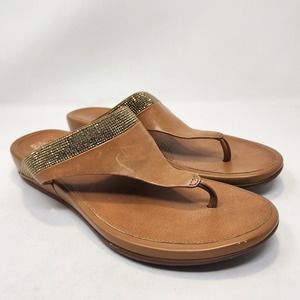 FitFlop Womens Banda Brown Leather Gold Crystal Thong Sandals Size 9 Toe Post